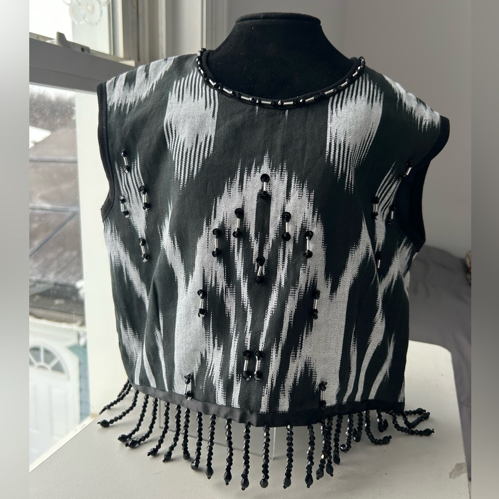 Hand Beaded Black and Gray Womens Adras/Ikat Open Back Vest from Uzbekistan